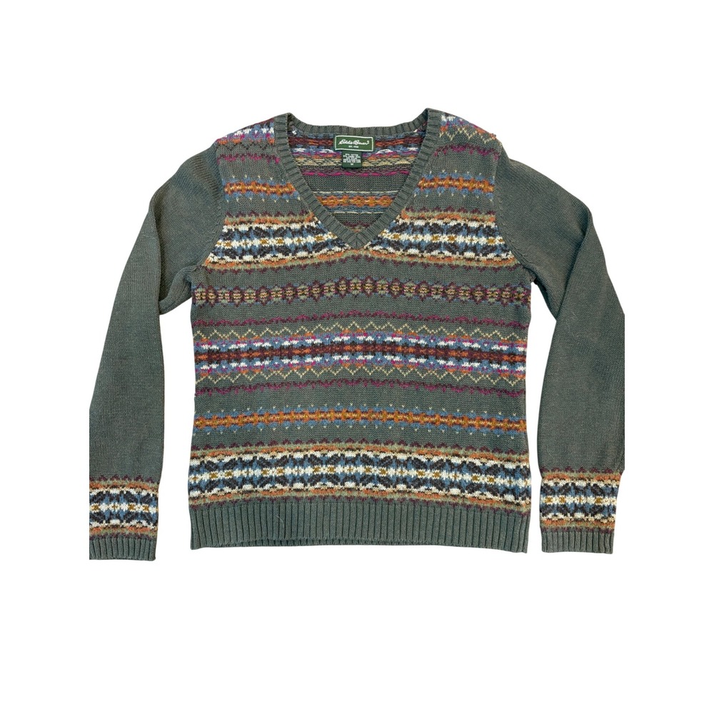 vtg Eddie Bauer Womens Fair Isle V-Neck Sweater Cotton Lambswool M Grunge 90s